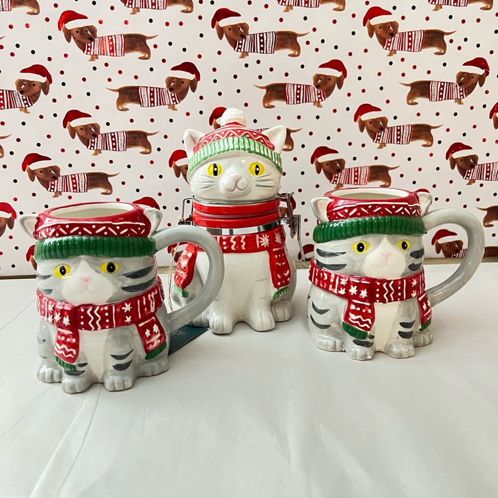 Gray Cat Christmas Winter Canister and 2 Mugs